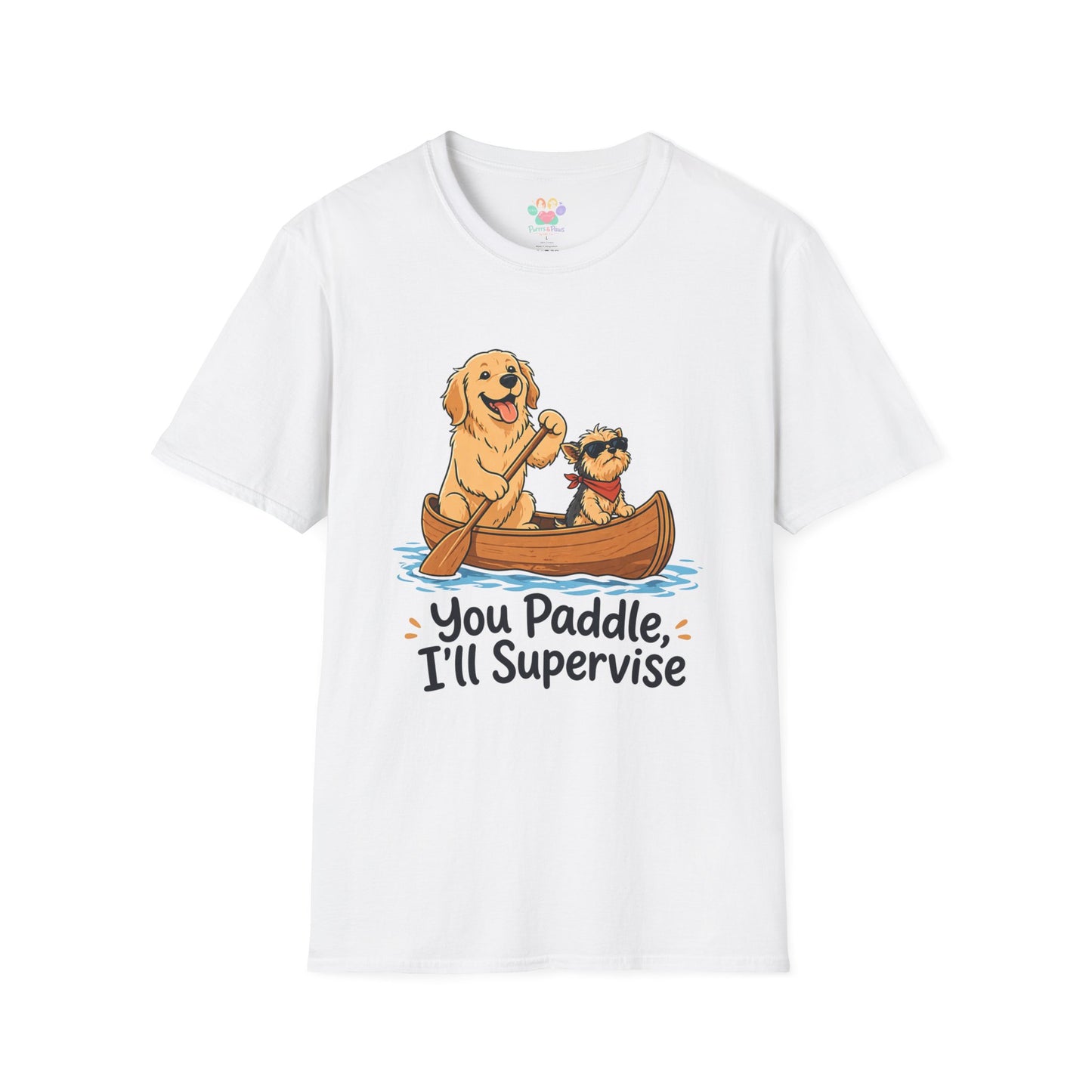 You Paddle I’ll Supervise t-shirt, golden retriever and small dog in canoe graphic, white