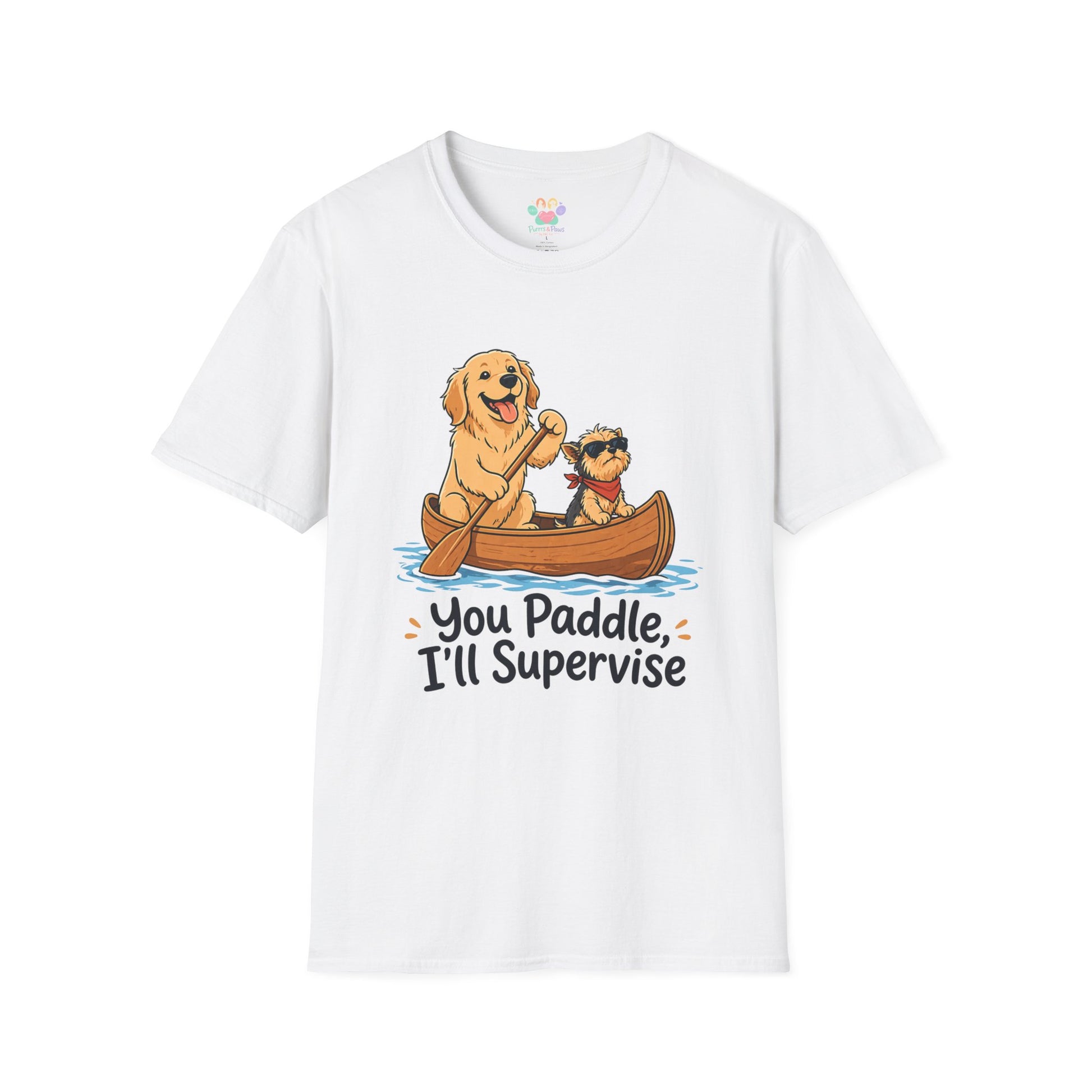 You Paddle I’ll Supervise t-shirt, golden retriever and small dog in canoe graphic, white