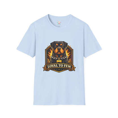 Rottweiler, “Loyal to Few” quote, loyal dog graphic design, light blue