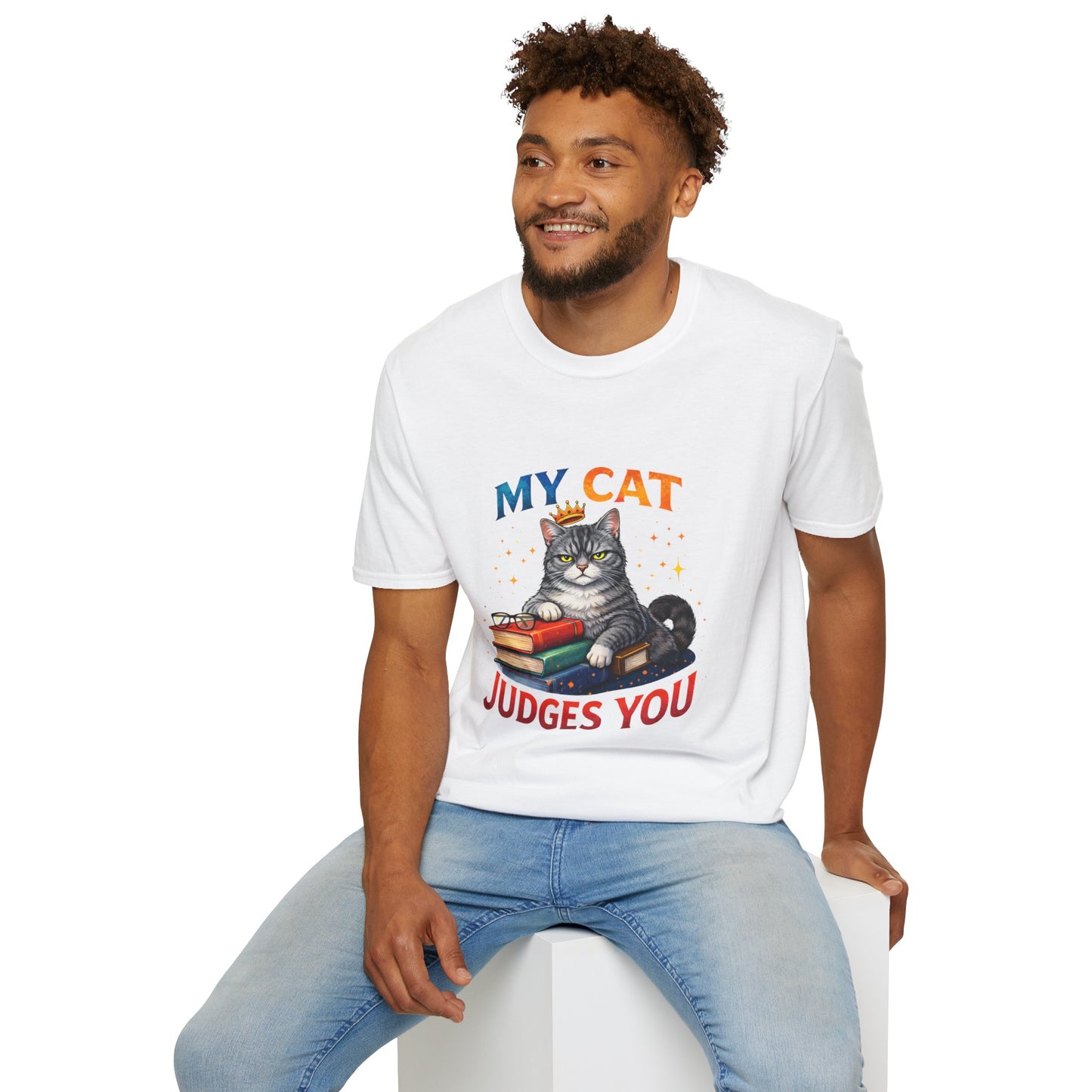 My Cat Judges You t-shirt, gray cat with crown sitting on books graphic, white