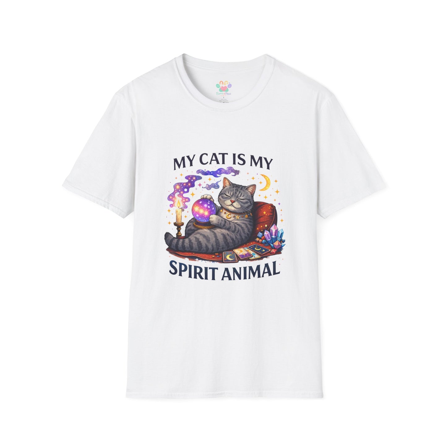 Mystical cat graphic with crystal ball, tarot cards, moon and stars, spiritual witch cat design, white
