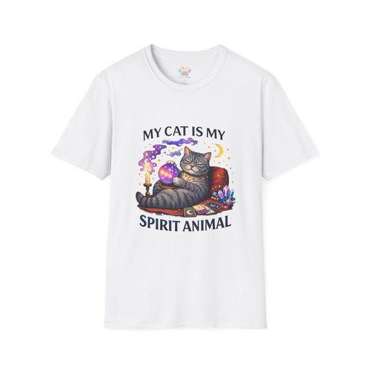 Mystical cat graphic with crystal ball, tarot cards, moon and stars, spiritual witch cat design, white