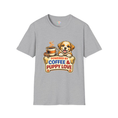 Powered By Coffee & Puppy Love t-shirt, cute dog and coffee illustration, pet lover design, sport gray