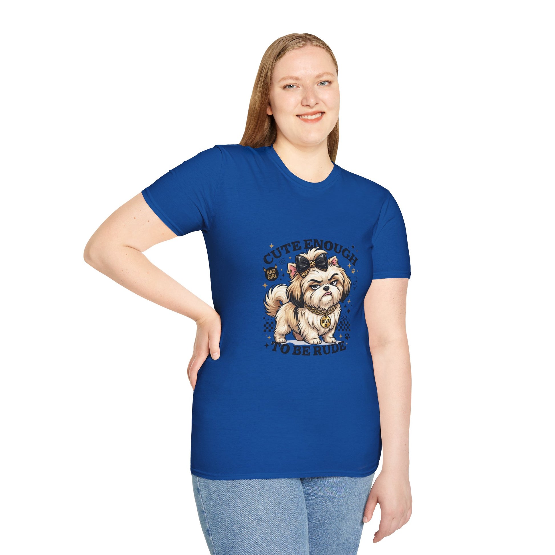 Cute Enough To Be Rude dog t-shirt, sassy puppy with bow and attitude design, royal blue
