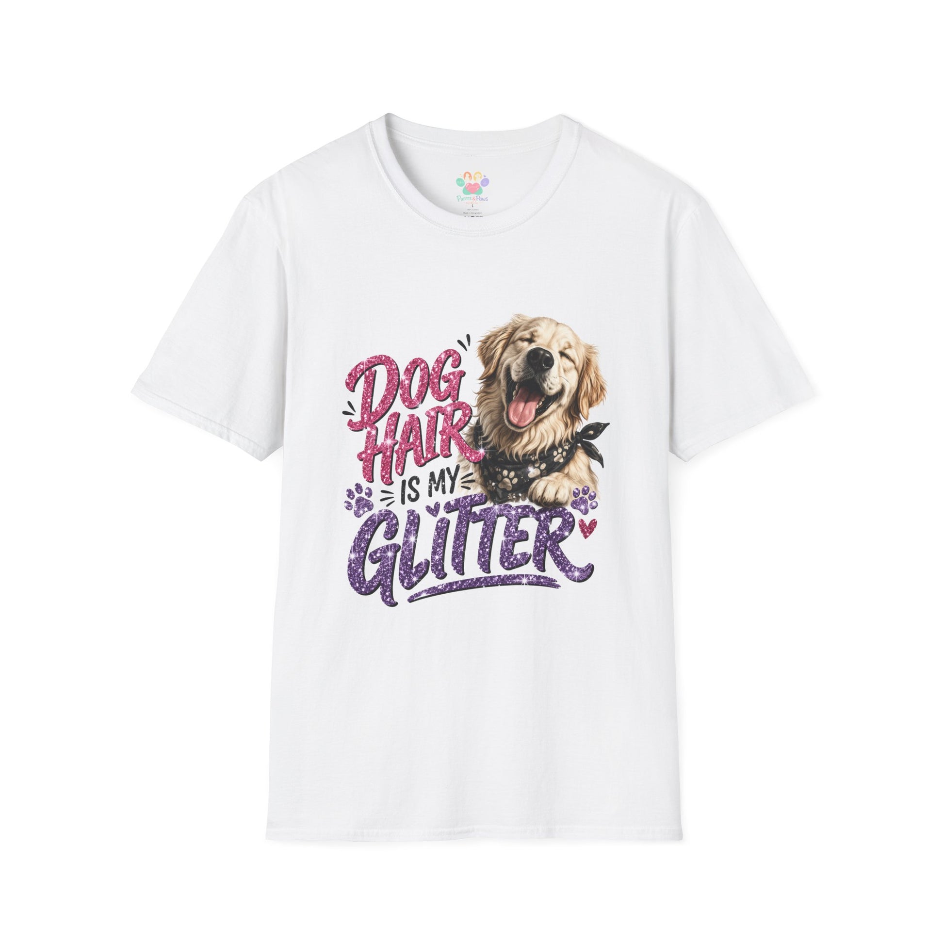 Dog Hair Is My Glitter t-shirt, golden retriever dog graphic with glitter text design, white