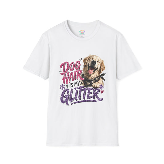 Dog Hair Is My Glitter t-shirt, golden retriever dog graphic with glitter text design, white