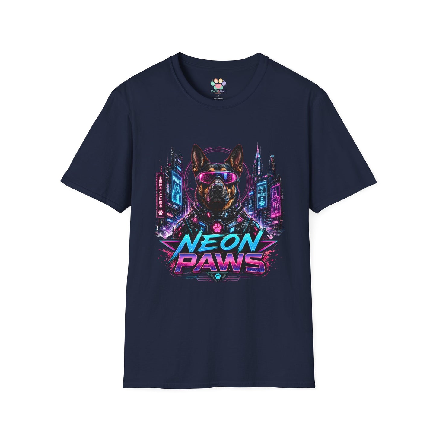 Neon Paws t-shirt, sci-fi dog illustration with neon cyberpunk canine artwork, navy