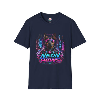 Neon Paws t-shirt, sci-fi dog illustration with neon cyberpunk canine artwork, navy