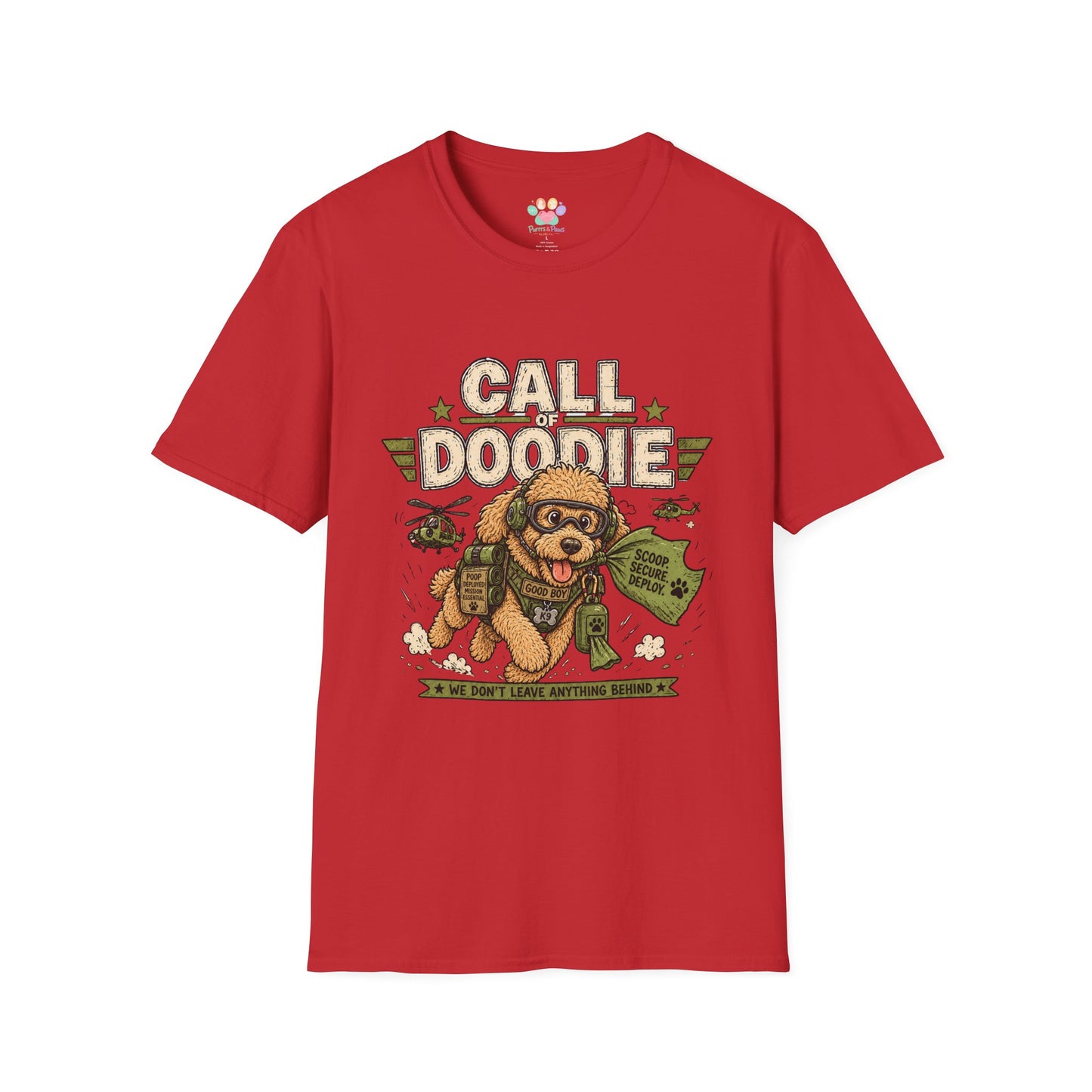 Call of Doodie t-shirt, funny tactical dog design with army poodle illustration, red