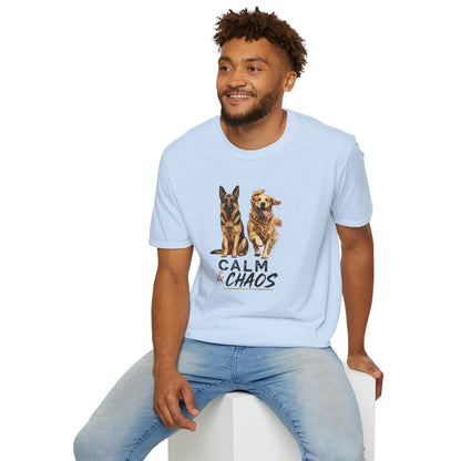 Calm & Chaos t-shirt, two dogs contrast design German Shepherd and Golden Retriever, light blue