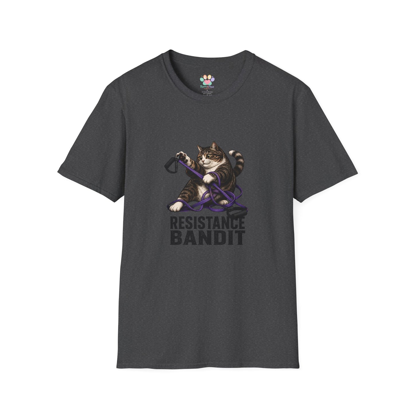 Resistance Bandit cat t-shirt, mischievous cat exercising with resistance bands design, dark heather