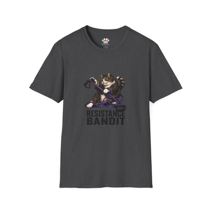 Resistance Bandit cat t-shirt, mischievous cat exercising with resistance bands design, dark heather