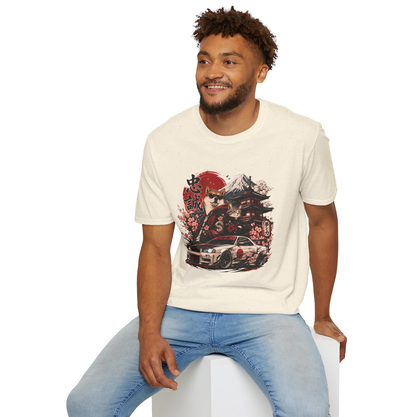 Samurai Shiba Inu and Tabby Cat t-shirt, car enthusiast design featuring samurai Shiba Inu and tabby cat, natural