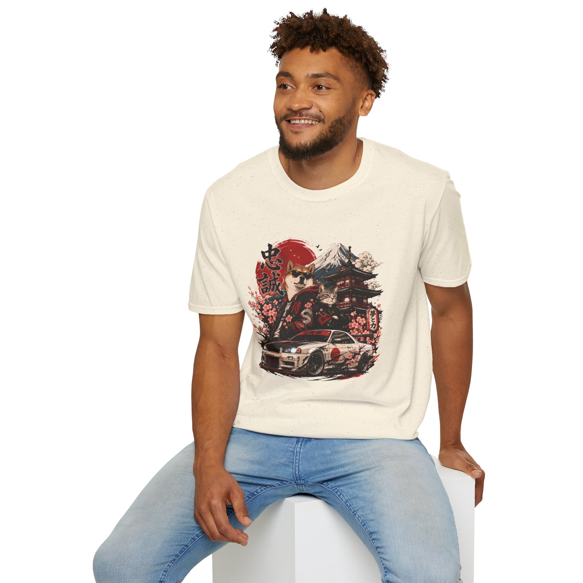 Samurai Shiba Inu and Tabby Cat t-shirt, car enthusiast design featuring samurai Shiba Inu and tabby cat, natural