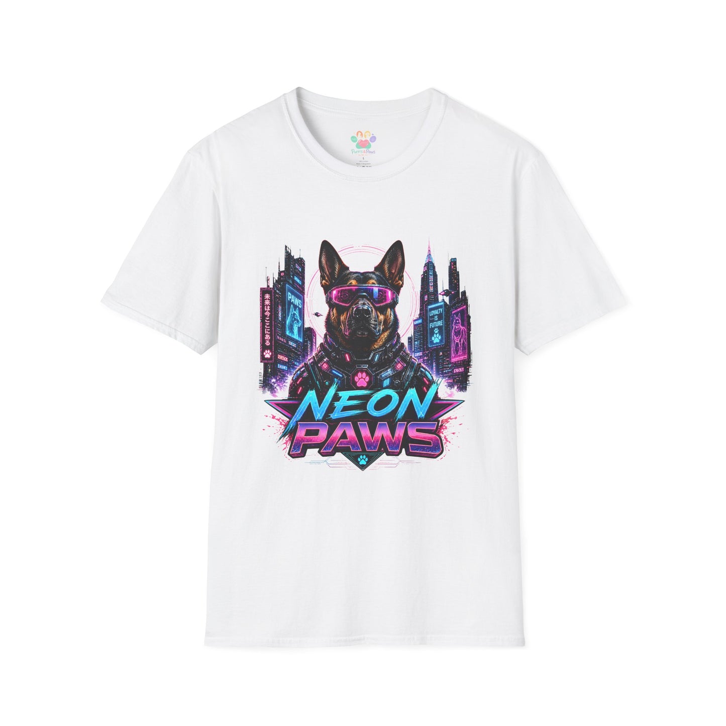 Neon Paws t-shirt, cyberpunk dog graphic with futuristic neon canine illustration, white
