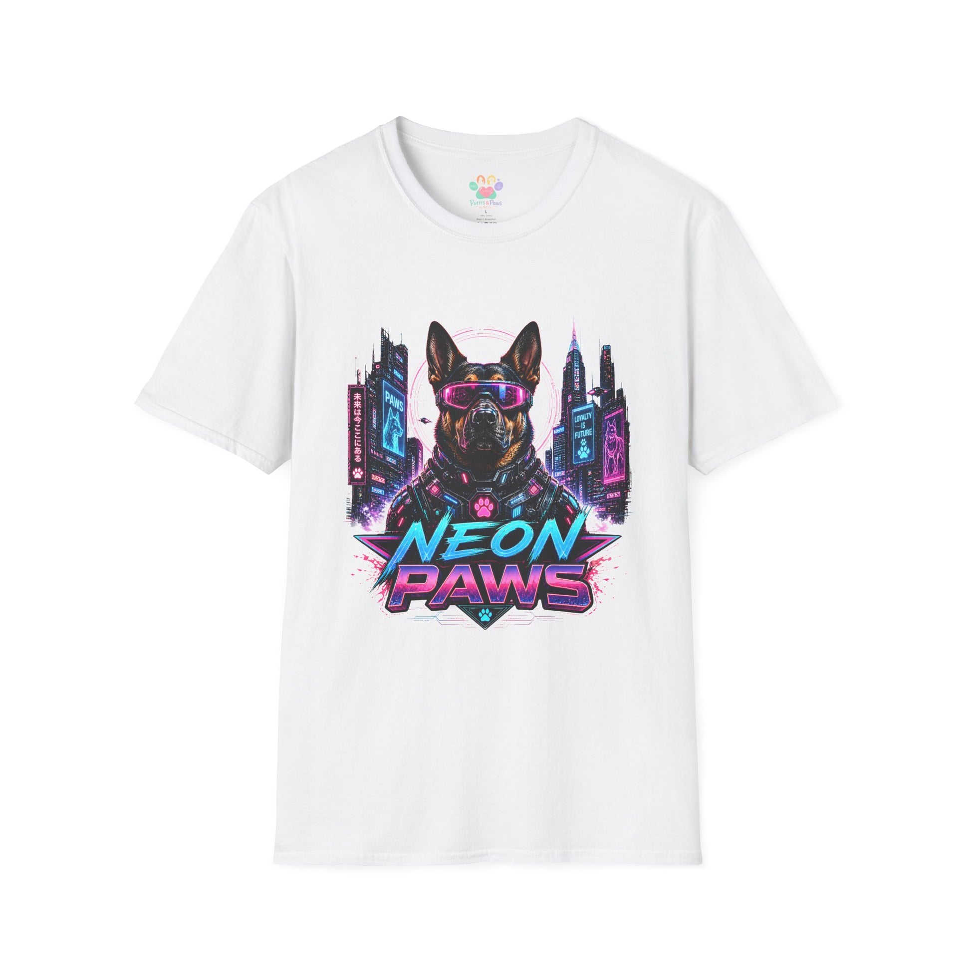 Neon Paws t-shirt, cyberpunk dog graphic with futuristic neon canine illustration, white