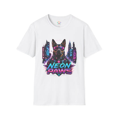 Neon Paws t-shirt, cyberpunk dog graphic with futuristic neon canine illustration, white