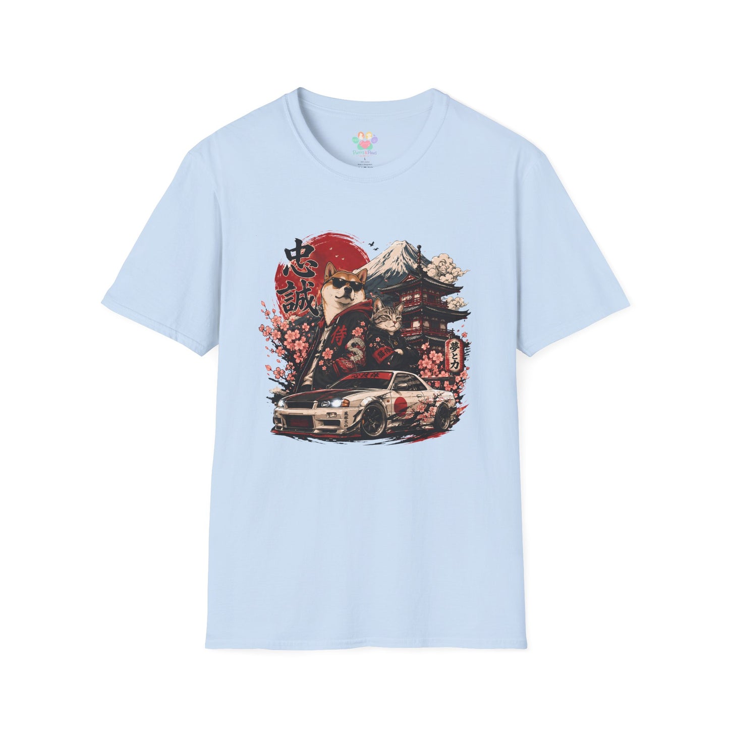 Samurai Shiba Inu and Tabby Cat t-shirt, Mount Fuji, pagoda and car graphic design, light blue