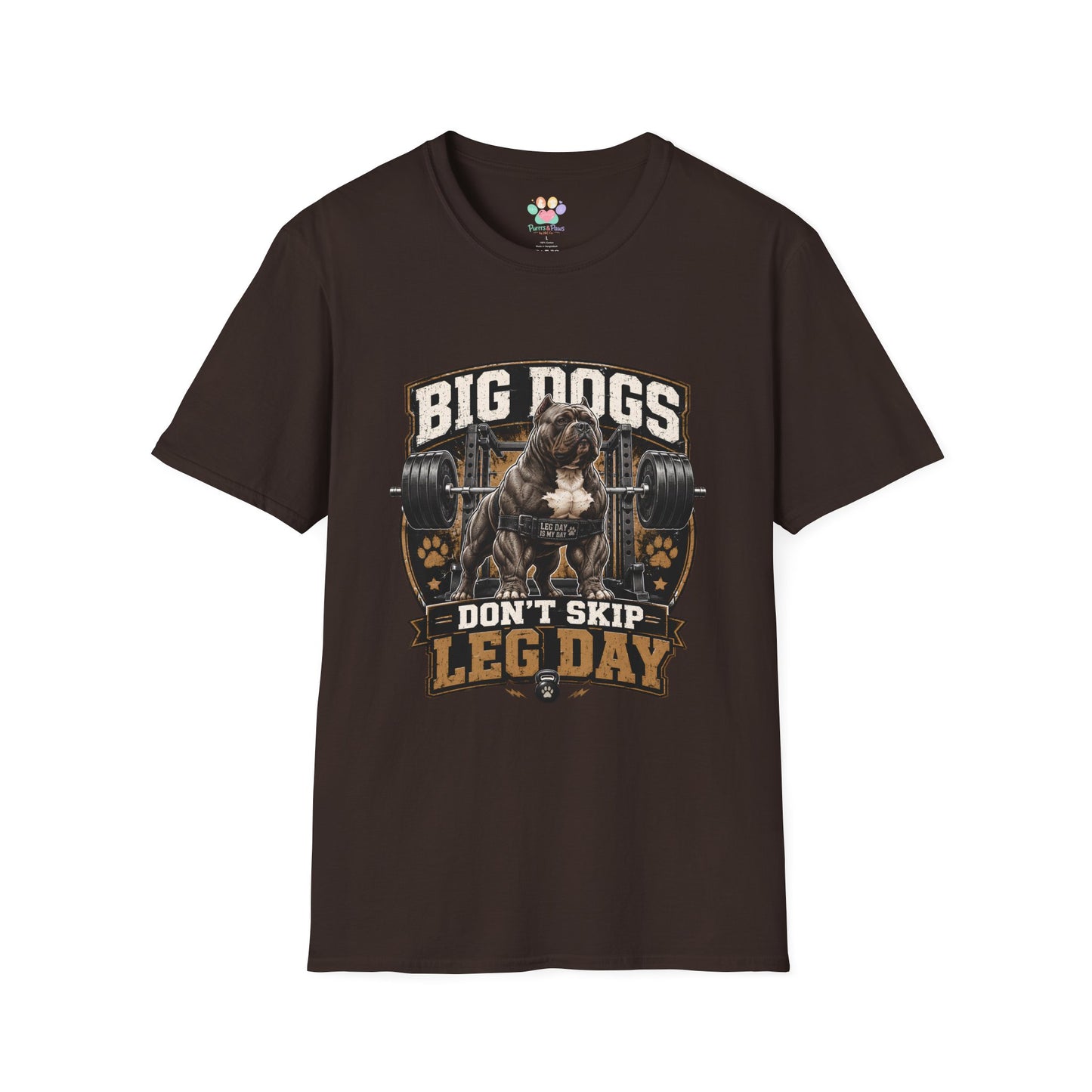 Big Dogs Don’t Skip Leg Day t-shirt, strong bulldog gym workout illustration, dark chocolate