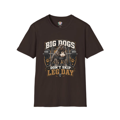 Big Dogs Don’t Skip Leg Day t-shirt, strong bulldog gym workout illustration, dark chocolate