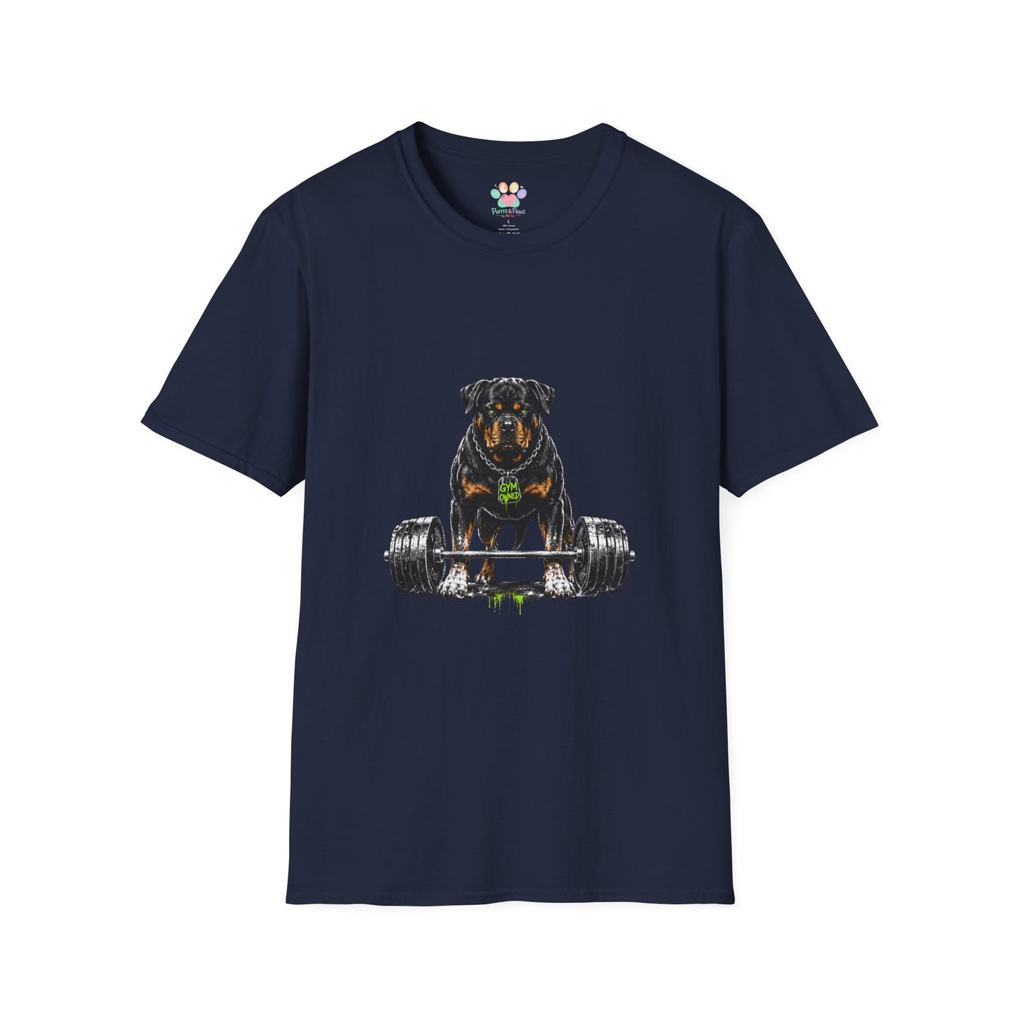 Rottweiler weightlifting t-shirt, powerful Rottweiler fitness graphic design, navy