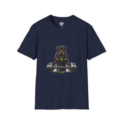 Rottweiler weightlifting t-shirt, powerful Rottweiler fitness graphic design, navy