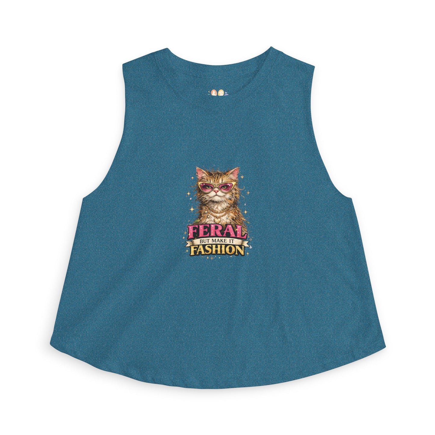 Feral But Make It Fashion tank top, stylish cat with sunglasses illustration, heather deep teal