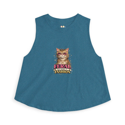 Feral But Make It Fashion tank top, stylish cat with sunglasses illustration, heather deep teal