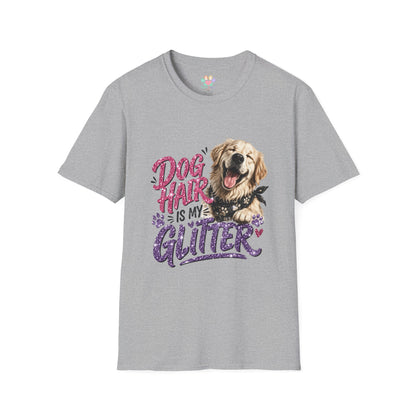 Dog Hair Is My Glitter t-shirt, golden retriever face with stylish glitter text design, sport gray