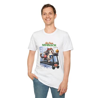 No Pain No Snack t-shirt, cat on treadmill with burger and donut graphic, white