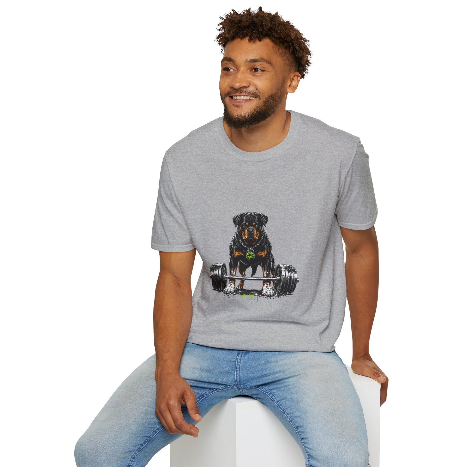 Rottweiler weightlifting t-shirt, dog bodybuilding workout illustration with heavy barbell, sport grey