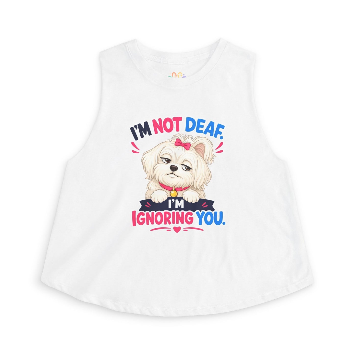 I’m Not Deaf I’m Ignoring You tank top, cute small dog with bow graphic, solid white blend