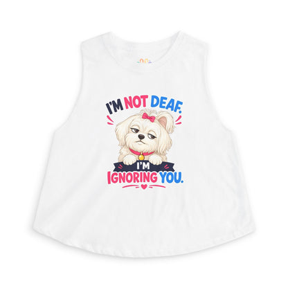 I’m Not Deaf I’m Ignoring You tank top, cute small dog with bow graphic, solid white blend