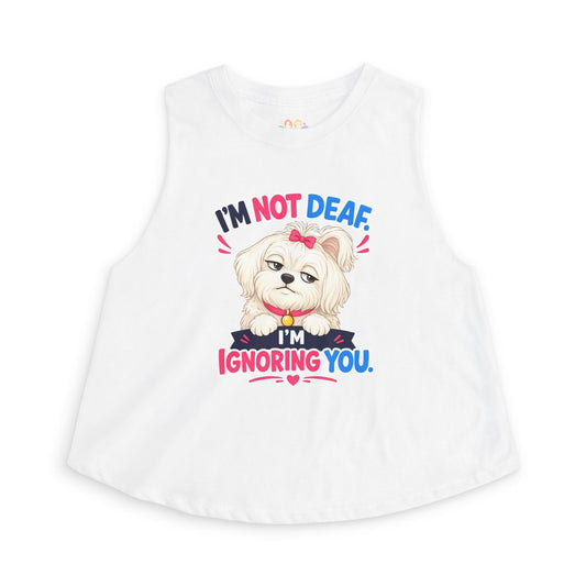 I’m Not Deaf I’m Ignoring You tank top, cute small dog with bow graphic, solid white blend