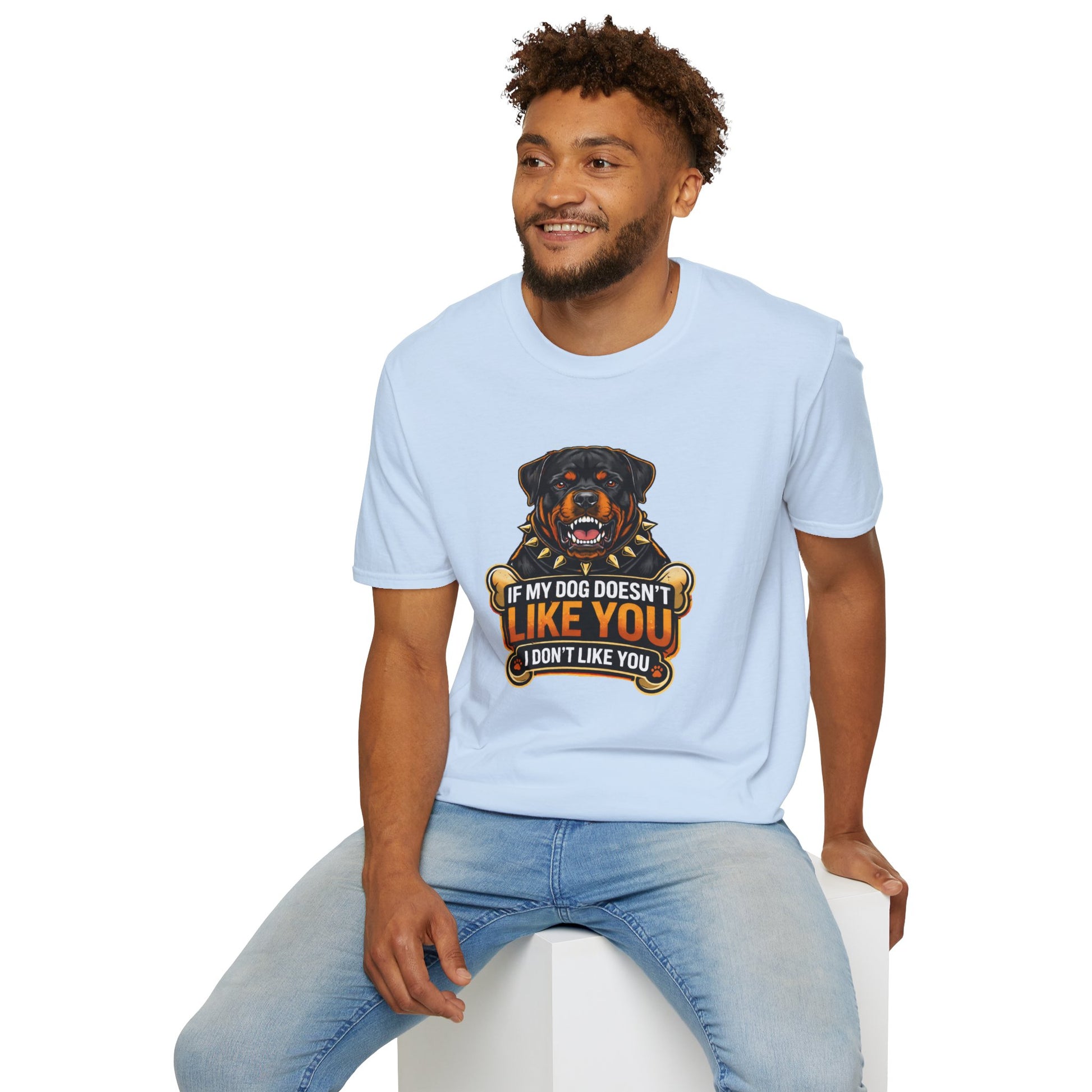 If My Dog Doesn’t Like You t-shirt, Rottweiler illustration, funny dog lover saying, light blue