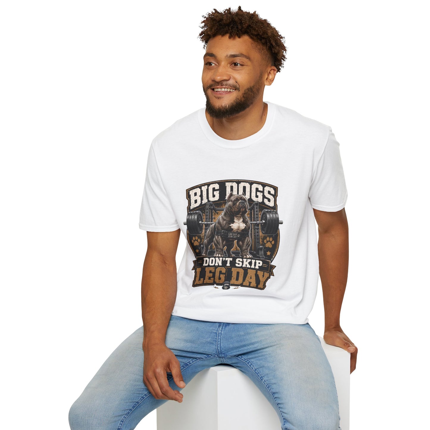 Big Dogs Don’t Skip Leg Day t-shirt, muscular bulldog weightlifting graphic, white