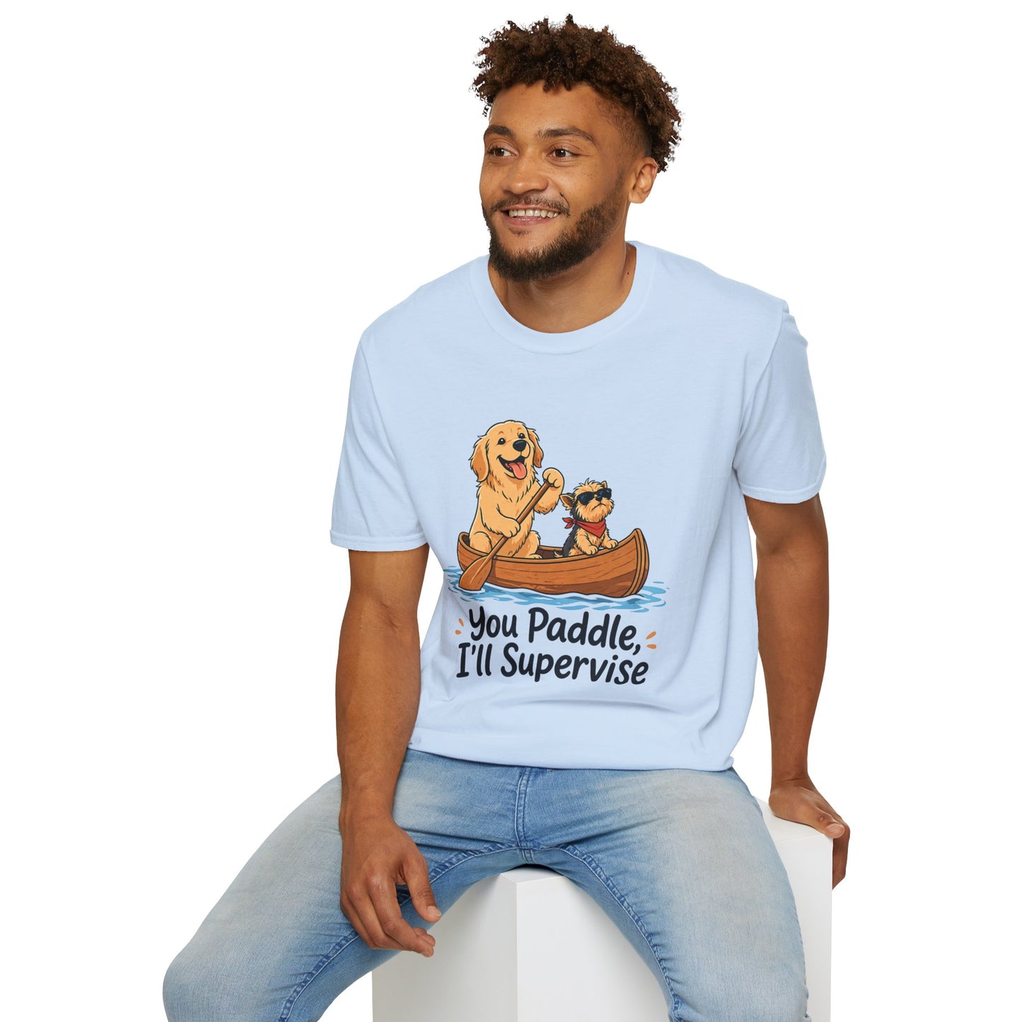 You Paddle I’ll Supervise t-shirt, cute dogs boating in canoe illustration, light blue