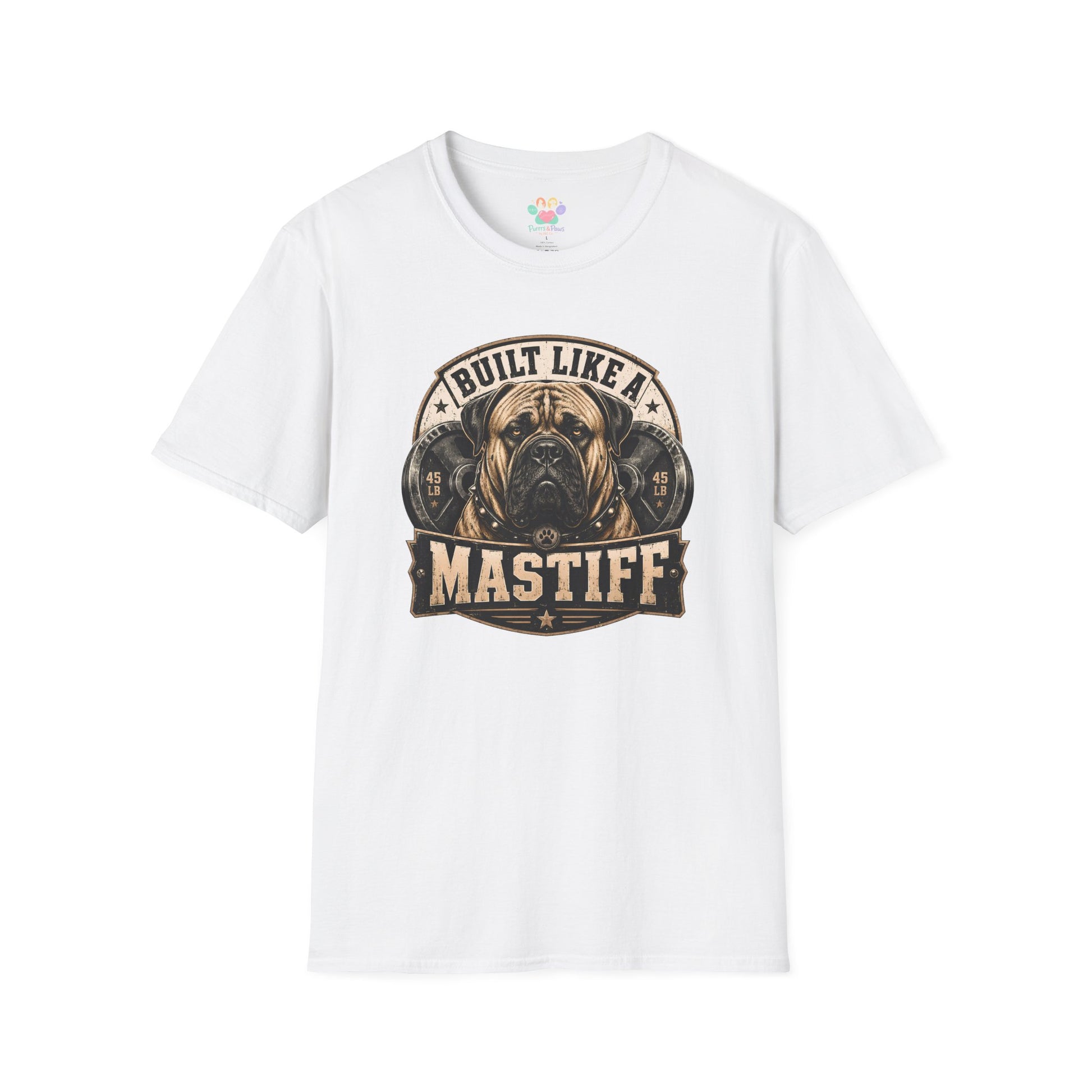 Built Like A Mastiff t-shirt, Mastiff dog strength graphic with weight plates, white