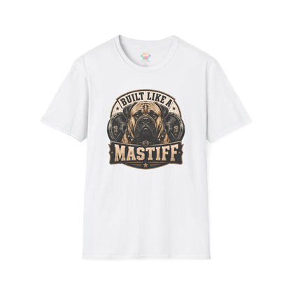 Built Like A Mastiff t-shirt, Mastiff dog strength graphic with weight plates, white
