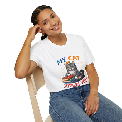 My Cat Judges You t-shirt, gray cat with crown sitting on books graphic, white