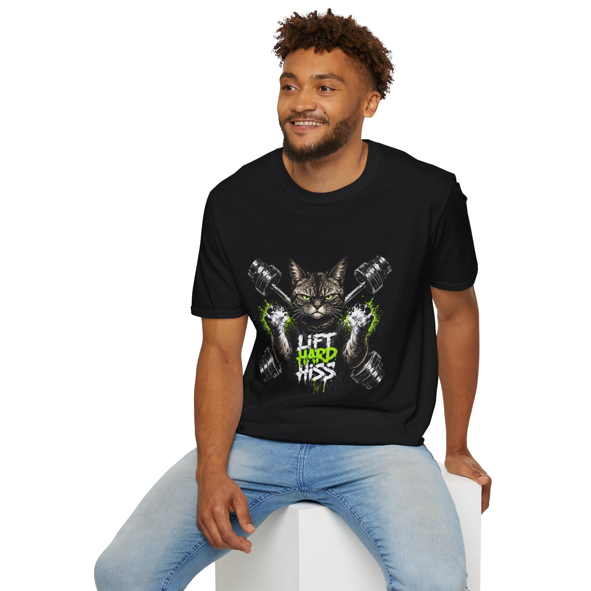 Lift Hard Hiss Harder t-shirt, muscular cat gym graphic for fitness lovers, black