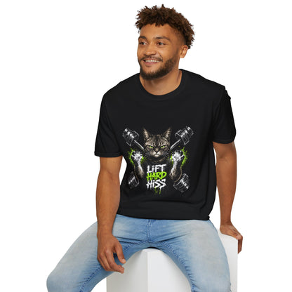 Lift Hard Hiss Harder t-shirt, muscular cat gym graphic for fitness lovers, black