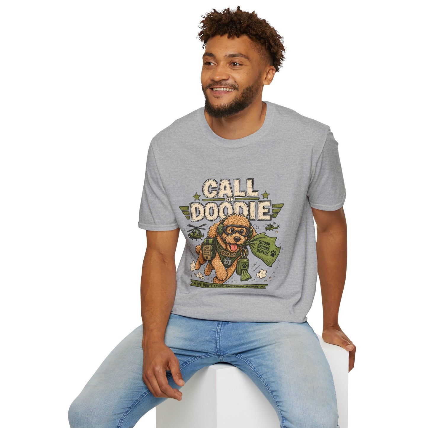 Call of Doodie t-shirt, parody military dog graphic with combat poodle artwork, sport grey