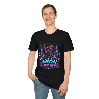 Neon Paws t-shirt, cyberpunk dog graphic with futuristic neon canine artwork, black