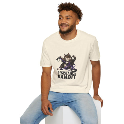 Resistance Bandit cat t-shirt, cute fitness cat illustration with workout equipment, natural