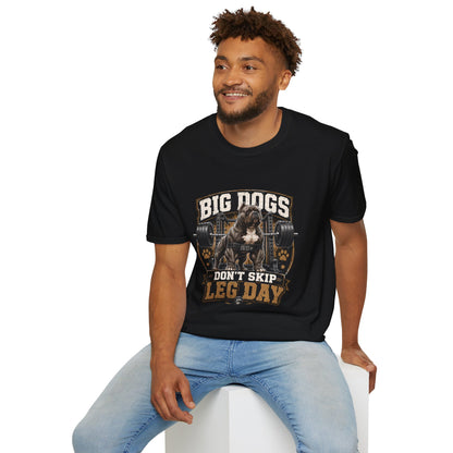 Big Dogs Don’t Skip Leg Day t-shirt, bodybuilding bulldog workout illustration, black