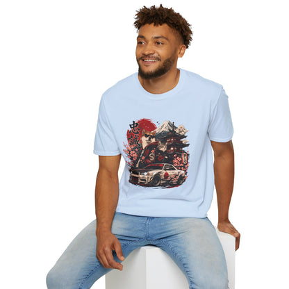 Samurai Shiba Inu and Tabby Cat t-shirt, Mount Fuji, pagoda and car graphic design, light blue