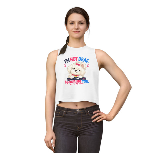 I’m Not Deaf I’m Ignoring You tank top, cute small dog with bow graphic, solid white blend