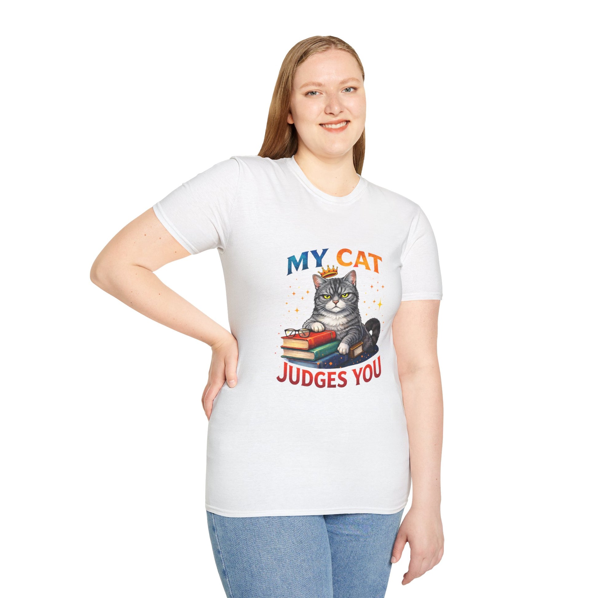 My Cat Judges You t-shirt, gray cat with crown sitting on books graphic, white
