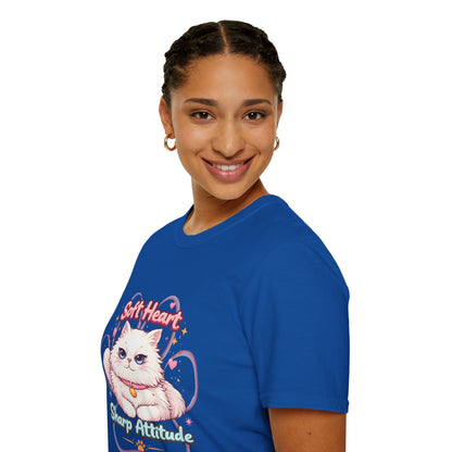 Soft Heart Sharp Attitude cat t-shirt, kawaii fluffy cat design, funny cat lover quote tee, royal blue